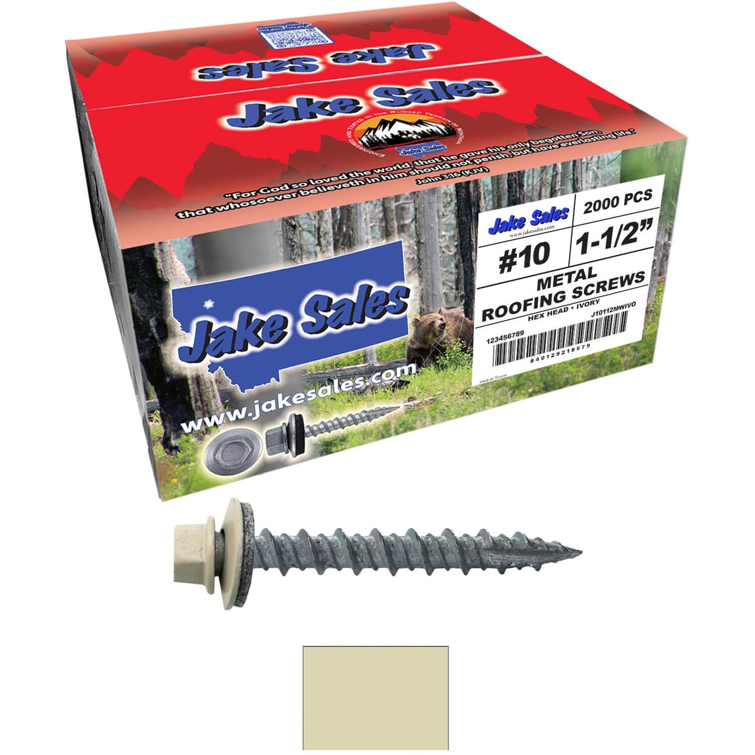 #10 x 1-1/2" Metal ROOFING SCREWS - Hex Washer Head - Self starting/self tapping - EPDM washer. Colored head. - Image 110