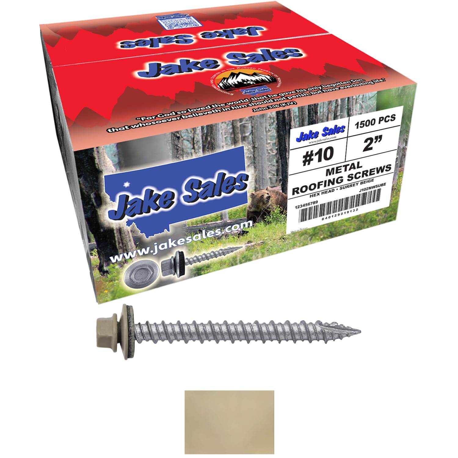 #10 x 2" Metal ROOFING SCREWS - Hex Washer Head - Self starting/self tapping - EPDM washer. Colored head. - Image 48
