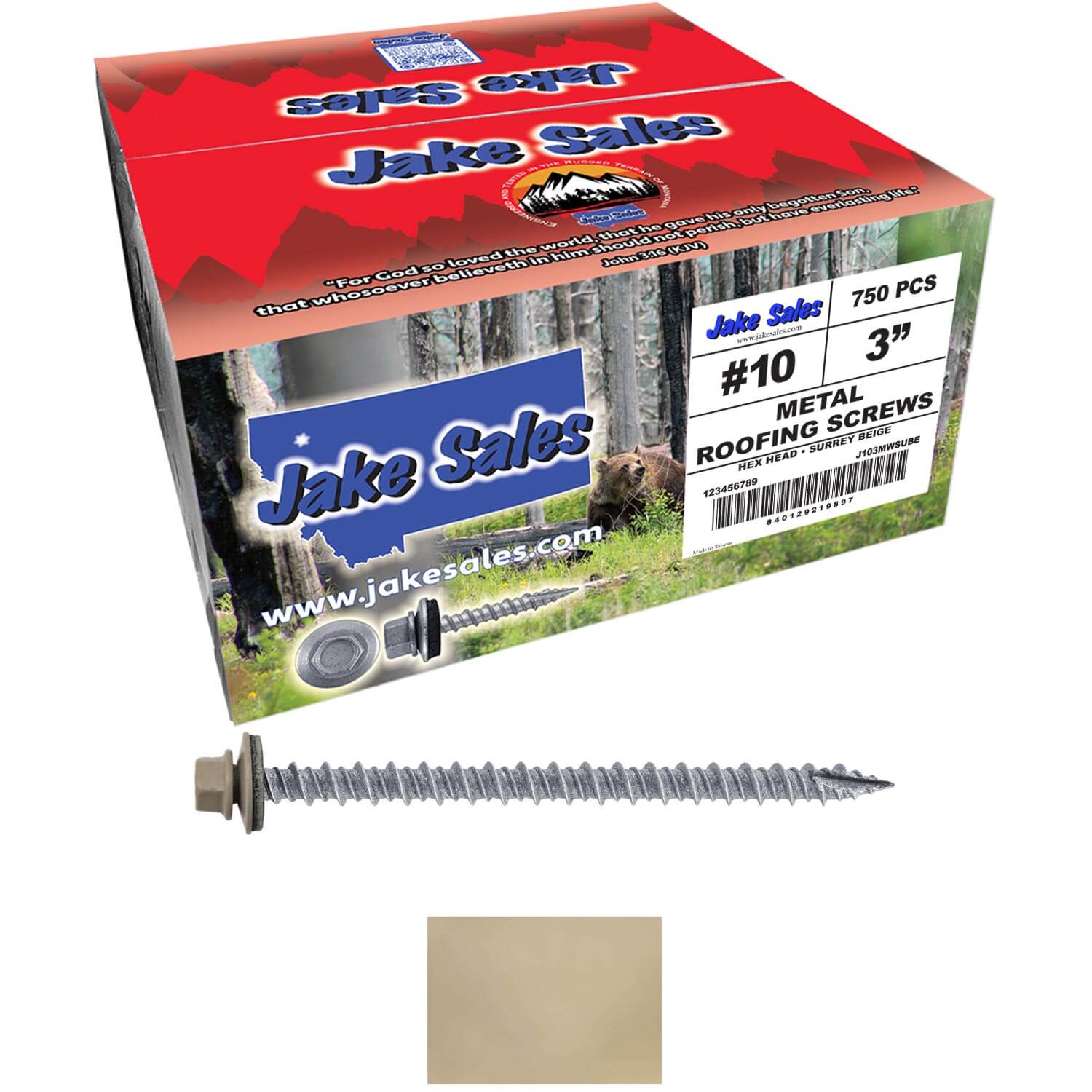 #10 x 3" Metal ROOFING SCREWS - Hex Washer Head - Self starting/self tapping - EPDM washer. Colored head. - Image 167