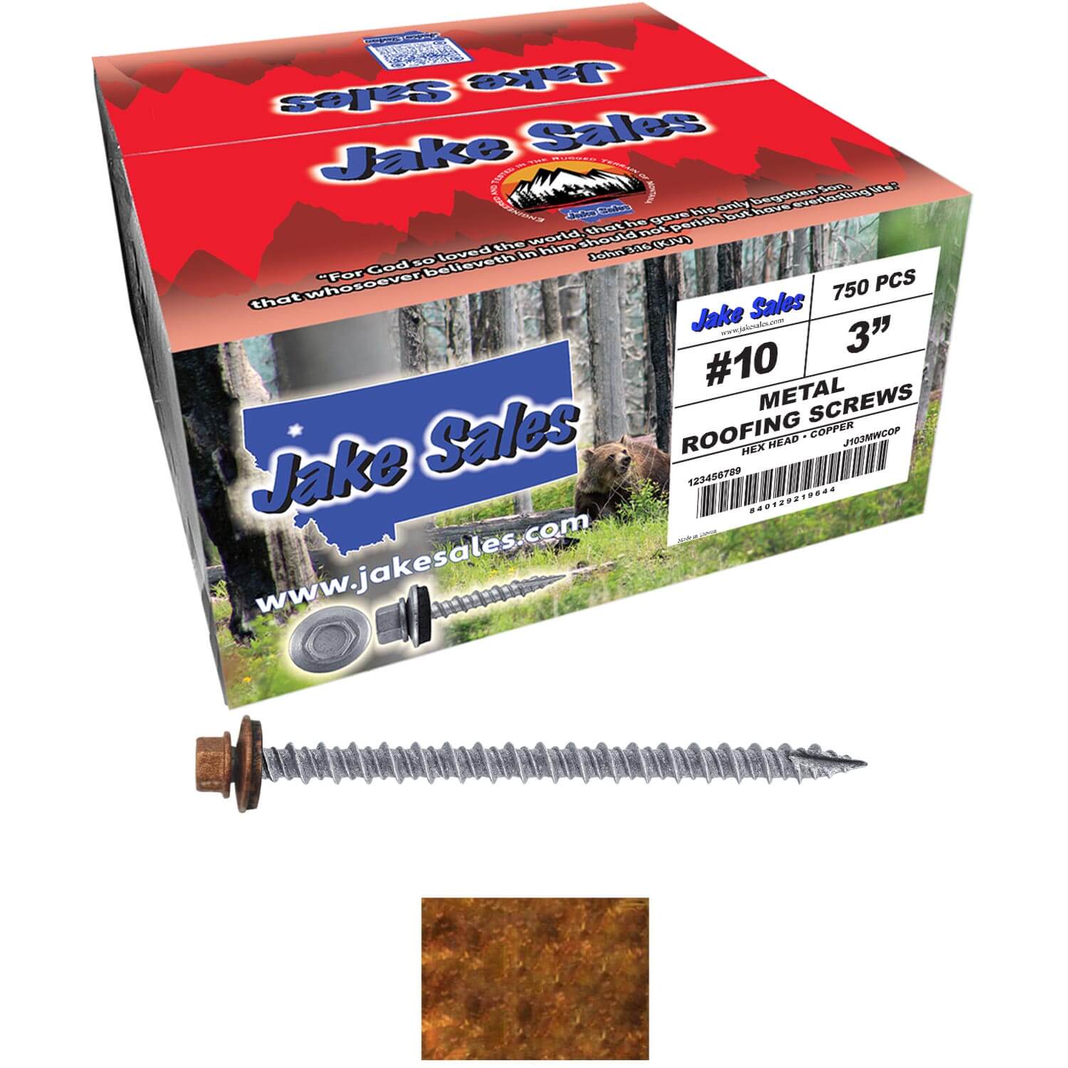 #10 x 3" Metal ROOFING SCREWS - Hex Washer Head - Self starting/self tapping - EPDM washer. Colored head. - Image 216