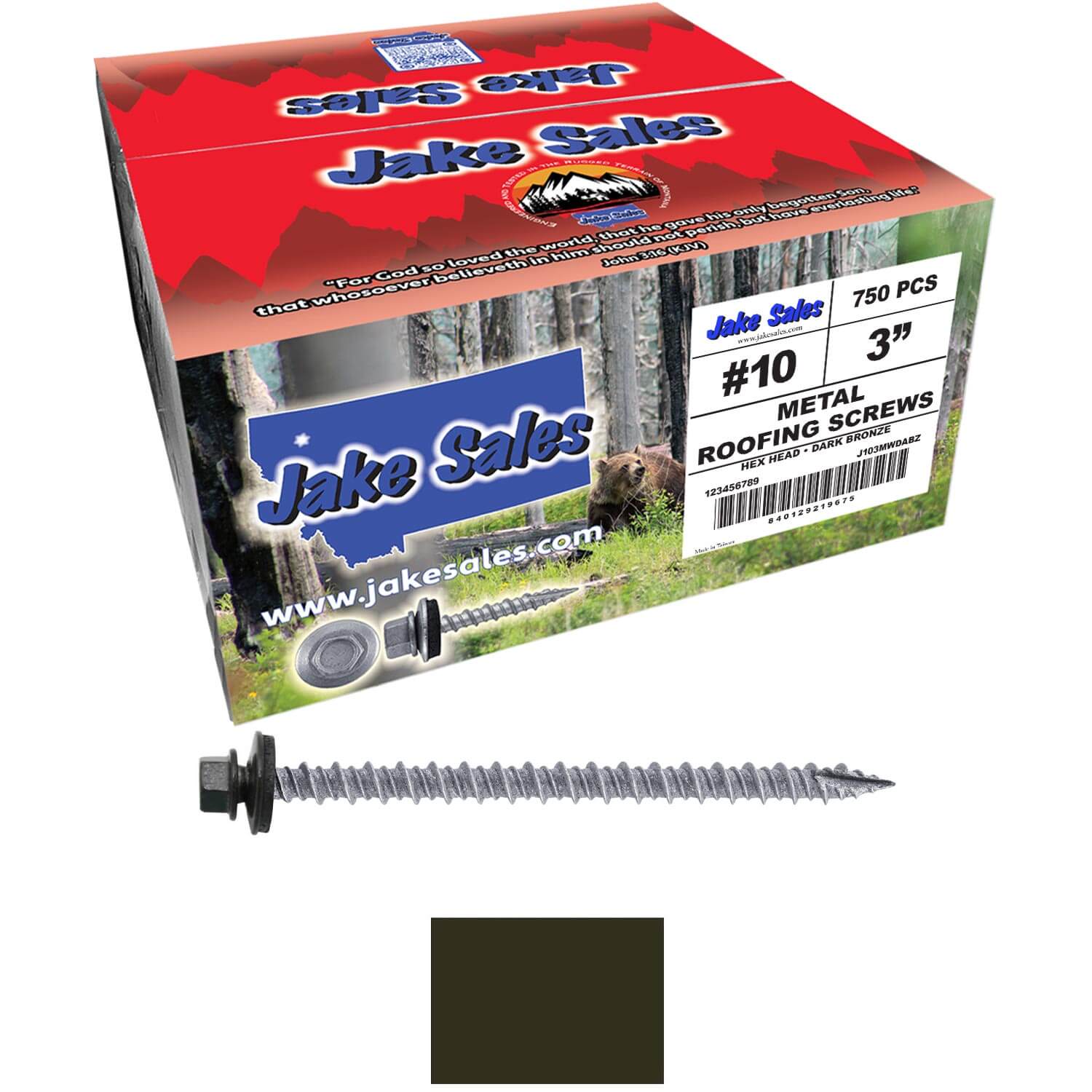 #10 x 3" Metal ROOFING SCREWS - Hex Washer Head - Self starting/self tapping - EPDM washer. Colored head. - Image 67