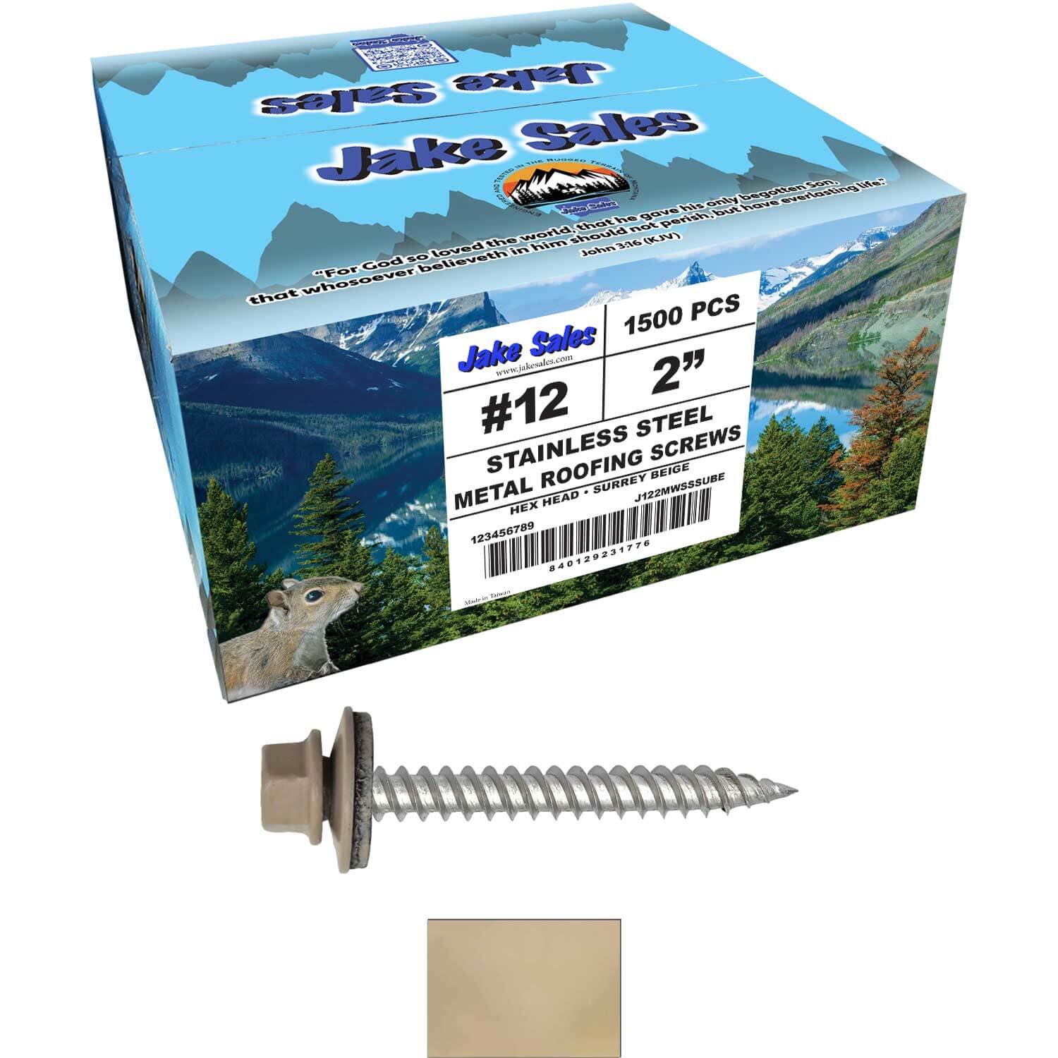 12 x 2"  Stainless Steel Metal Roofing Screw - Hex ReGrip Washer Head - Self starting/self tapping - EPDM washer. Colored head. - Image 120